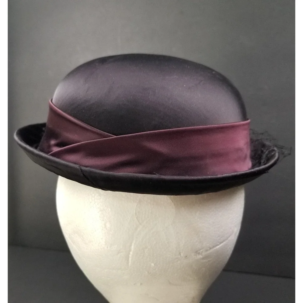 Vintage Karen‎ Lynn Exclusive Satin Pillbox Hat Purple Black Birdcage Veil Bow